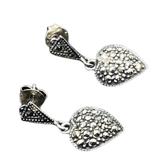 Sterling Silver 925 Marcasite Heart Drop Dangle Pierced Earrings - Picture 3 of 15